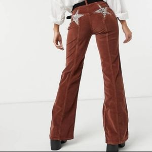 Free People Rust Brown Corduroy Bootcut Pants with Star Back Embroidery